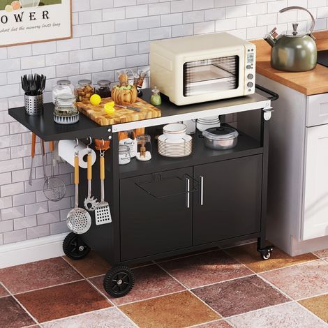 Chariot de Barbecue d'Extérieur avec Rangement Desserte de Jardin avec Plateau Pliable en Acier Inoxydable 6 Crochets 127 x 50 x 84 cm Noir (1/3)