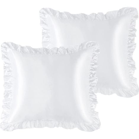 Set aus 2 luxuriösen, gerüschten Kissenbezügen, Retro-Stil, seidig-glänzender Satin-Kissenbezug mit Rüschen, 85 g/m² Satin-Kissenbezüge mit Hotelverschluss, Standard- und Queen-Size, weiß