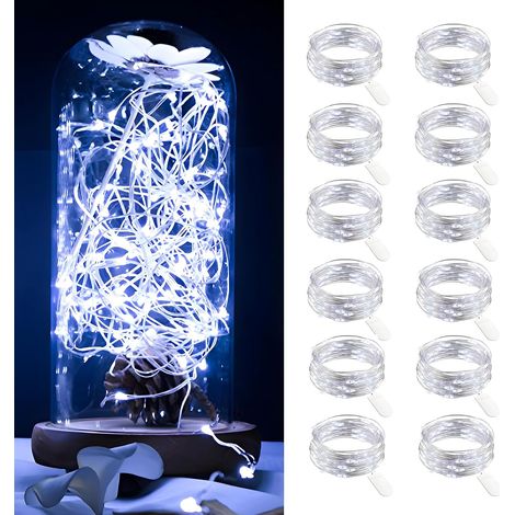 Lot de 12 Blanc Froid Guirlande led à pile, 2m 20 LEDs Guirlande Lumineuse Intérieur, Mini Guirlande led pour Jardin, Chambre, Mariage, Fête, Noë