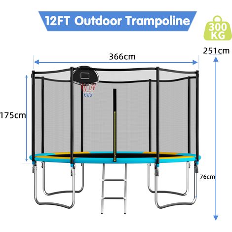 12FT Outdoor Trampoline With Basketball Hoop, Garden Trampoline With Safety Net & Ladder, Available For Toddlers And Adults, Up to 150kg