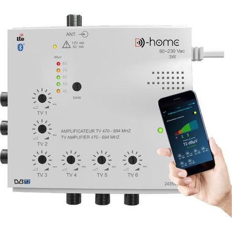 Amplificateur TV - D-Home - Intérieur 6 Sorties 23dB - Connecté - Filtré 4G-5G - App Mobile TV Finder