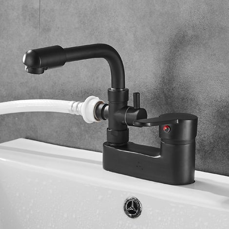 Robinet double sortie lave-linge, laiton, noir, eau chaude/froide (1/5)