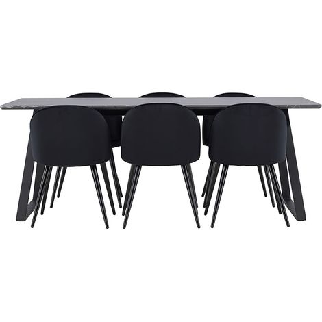 Malaga Essgruppe Esstisch 90x200cm dunkel grau und 6 Skagen Stuhl velour schwarz.