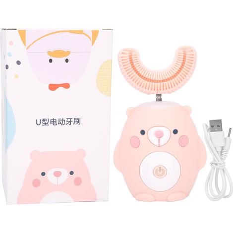 Automatische, U-förmige elektrische Zahnbürste für Kinder, niedliches Teddybär-Design – Rosa (1/5)