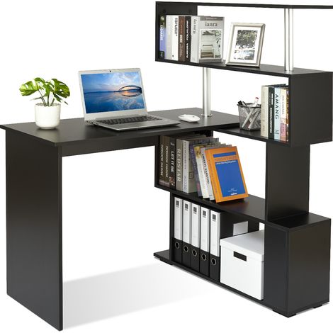 Mondeer L-Förmig Computertisch mit 360° Drehregal- Eck-Schreibtisch für Arbeitszimmer/Büro/Wohnzimmer, 157 x 45 x 130.5 cm, Schwarz (1/5)