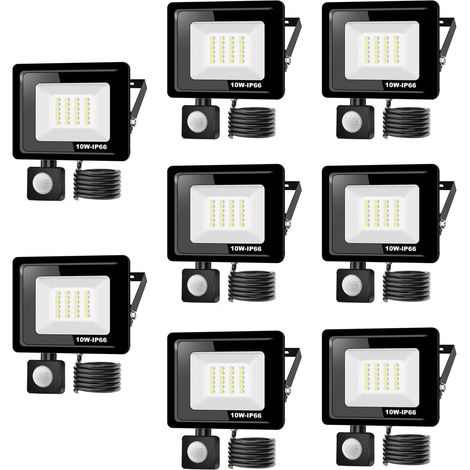 8PACK - Projecteur LED 10W Avec Détecteur de Mouvement, Blanc Froid (6000K) 1000LM, Extérieur IP66 Imperméable, Pour Sécurité, Garage, Couloir (1/5)
