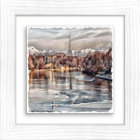 Lupia - Quadro moderno con paesaggi e localismi italiani, Ceramica e Stampa Rilievo, Cornice Legno Shabby Modern bianca, Decorazione Parete, Quadretti Soggiorno, 29x29 cm, TORINO VILLAGGIO MEDIEVALE (1/4)