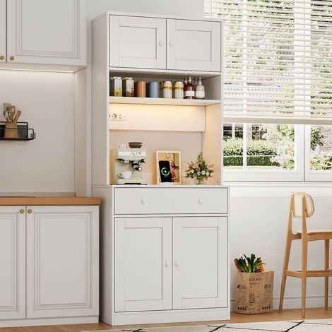 Armario alto de cocina 180 cm con LED, enchufe, especiero y gran cajón blanco HAVRYA (1/5)