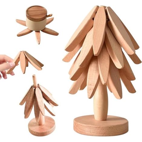 Dessous de plat en bois pour plats chauds, dessous de plat pliables résistants à la chaleur avec support pour casseroles, bols, théières (A) (1/5)