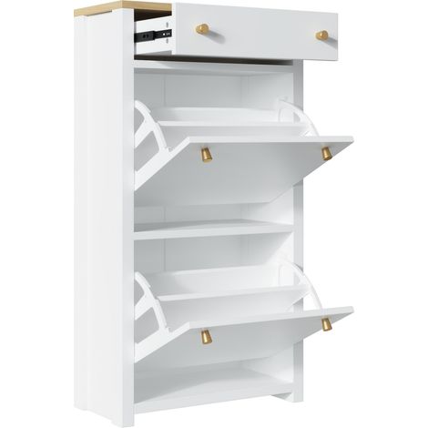 Meuble à chaussures moderne avec tiroir, 2 abattants et étagères réglables en MDF blanc effet bois 50x24x95 cm (1/5)