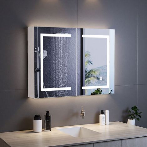 Badezimmer-Schrank mit Spiegel, Wandschrank 80x60 cm, Wandmöbel Badezimmer, 2 Türen und 3 Regale, LED, MDF