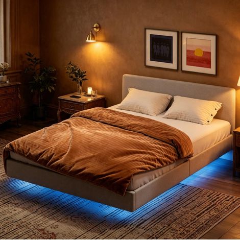 Schwimmbettrahmen 140x190 cm mit LED-Beleuchtung – Modernes Leinen-Doppelbett mit RGB-Lichter, Holzlattenrost & stabiler Tragkraft (1/5)