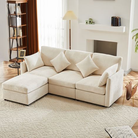 Sofá rinconera modular 216x161x81 cm chenilla beige con puf móvil y 4 cojines - MEUBLIV (1/5)