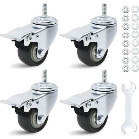 Lot de 4 roulettes pivotantes de 50 mm - Double roulement à billes avec filetage M8 x 20 mm - En caoutchouc antidérapant - Silencieuses - Pivotantes à 360° - Avec frein - Charge totale : (1/5)