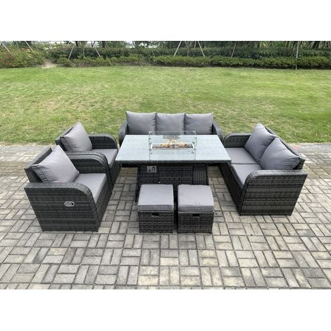 Fimous Ensemble Salon de Jardin Extérieur en polyrotin Table de foyer à gaz et Canapé Fauteuil avec 2 Petits tabourets Gris foncé mixte (1/5)