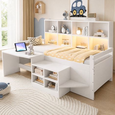 Letto per bambini 90 x 200 cm con scrivania, spazio contenitore, LED e USB HAVRYA (1/5)