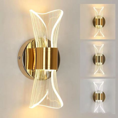 Lampada da parete a LED – applique – Lampada a clessidra in acrilico color oro – 4 W – Lampada da parete con luce calda per camera da letto, comodino e soggiorno – Tre colori regolabili (1/5)