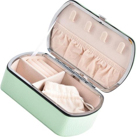 Kleine Schmuckbox aus PU-Leder für unterwegs, tragbare Aufbewahrung für Ohrringe und Ringe, großes Fassungsvermögen, hellgrün, für Zuhause und Reisen (1/5)