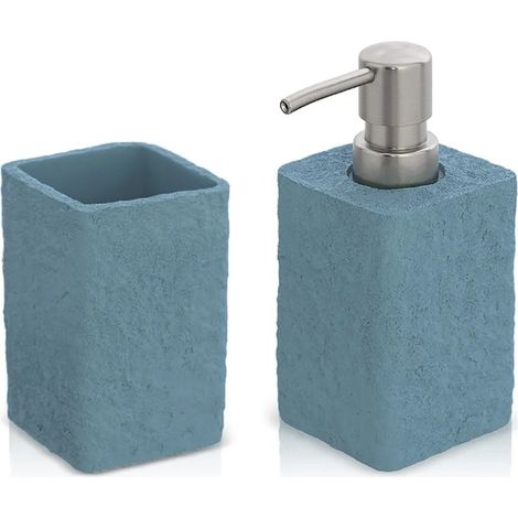 Set accessori bagno dispenser e portaspazzolini in resina turchese cobalto effetto pietra (1/5)