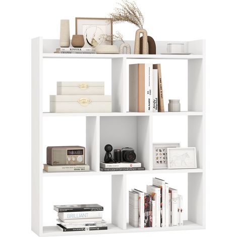 Bibliothèque 7 casiers blanche en panneaux épais avec 2 dispositifs anti-basculement pour chambre salon bureau (1/5)