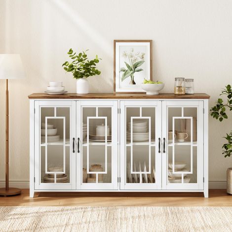 Buffet de cuisine moderne 160x40x86 cm, portes vitrées, rangement spacieux, plan imitation bois, système anti‑basculement, blanc (1/5)