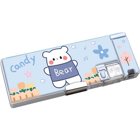Trousse d'école ours double face avec taille-crayon intégré, grand format portable, capacité généreuse pour enfants, style mignon dessin animé (1/5)