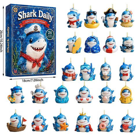 Adventskalender 2026 – 24-teilig – blau-weiß – Acryl – 8 cm flache Anhänger – Hai-Motiv – Christbaumschmuck – geeignet für Weihnachtsfeiern und als Dekoration für die Wohnung. (1/5)