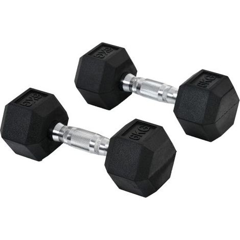 Mancuernas hexagonales, juego de 2, 2 x 6 kg, hierro fundido con revestimiento de goma, negras, disponibles en tienda. (1/5)
