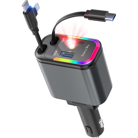 Allume-Cigare USB, Chargeur de Voiture avec projecteur Ciel étoilé, Chargeur de Voiture 120 W, 30 W intégré, Extensible Type-C et USB-C (65 cm), Adaptateur USB 12 V pour 15/Android (1/5)
