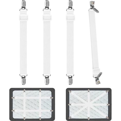Fitted Sheet Straps for Bed Linen, 4 Pieces, Adjustable Elastic Sheet Straps, Adjustable Support Strap for Bed or Corner Sofa, Mattress, Armchair, Seat, Cushion (White) (1/5)