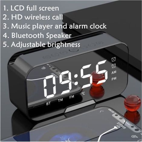 (Schwarz) Digitaler Wecker, kabelloser Bluetooth 5.0-Lautsprecher, UKW-Radio, LED-Spiegel, 1400-mAh-Akku – Schwarz (1/4)