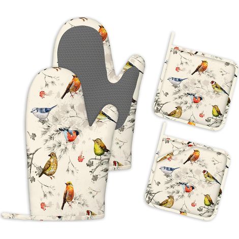 Ensembles de 4 Gants de Cuisine et Maniques Vintage Oiseaux en Silicone Résistant à la Chaleur Maniques pour la Cuisine la Cuisson au Four Cadeaux pour Les Passionnés de Pâtisserie (1/5)