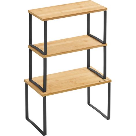Songmics – Lot de 3 étagères à épices empilables en métal et bambou – Noir encre et beige naturel – Dimensions 19x35x18cm et 15x33x16cm (1/5)
