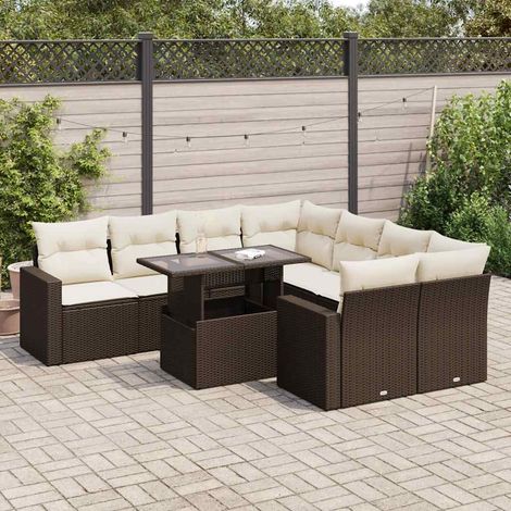 Salon de jardin 9 places en résine tressée marron avec table basse réglable et coussins blanc crème amovibles (1/5)