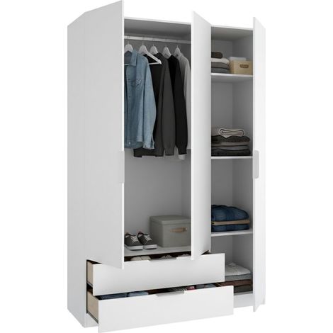 Armario 3 Puertas Mayos, Ropero de Dormitorio con Perchero, 2 Cajones, 3 Estantes, 51x137 cm Blanco