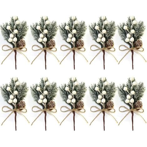 Lot de 10 petites tiges de baies de Nol artificielles blanches de 15 cm avec pommes de pin, houx, fleurs de Nol pour couronnes de Nol, décoration de vase d'intérieur (1/4)