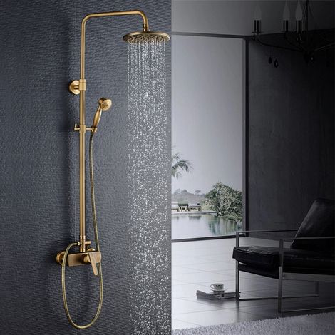 Auralum Ensemble de Douche Bronze Rétro Interrupteur à Poignée Colonne de Douche Mélangeur Système de Douche Finition Bronze avec Barre Réglable