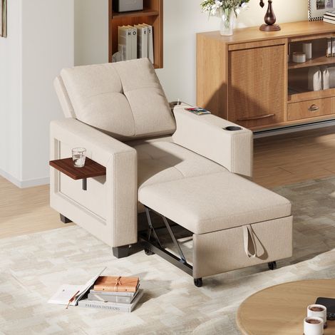 Poltrona trasformabile 3 in 1 - Sdraio ribaltabile con tavolino magnetico pieghevole, portabicchieri e presa di corrente - Bianco crema (1/5)