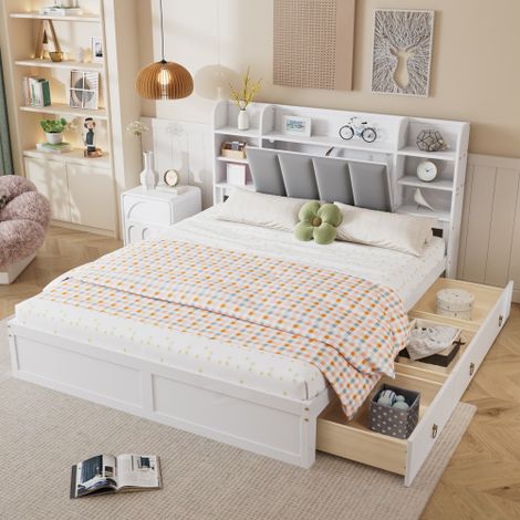 Cama doble 160x200 cm cama adulto con estante abierto, 3 cajones con ruedas, asas metálicas y compartimento con puerta abatible, de pino, blanco, sin colchón (1/5)