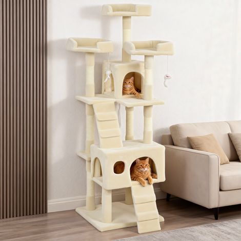Árbol Rascador para Gatos Árbol para Gatos 153 cm con 2 Cuevas 3 Camas 2 Rampas Postes de Sisal Ratones Colgantes Crema (1/5)