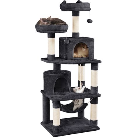 Yaheetech – Arbre à chat multi-niveaux 158 cm – 2 niches et hamac – Poteaux en sisal pour griffer – Base large 61 x 49 cm – Confort pelucheux (1/5)