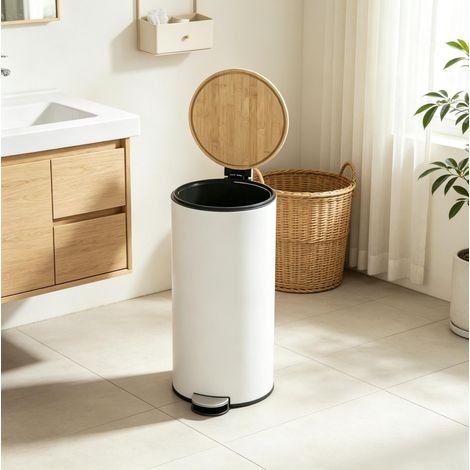 Cubo de basura de cocina 30 L 36x30x60,5 cm metal y bambú blanco, cierre suave FloraGrace (1/5)