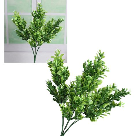 Flores y plantas artificiales: 7 ramas de aspecto natural, 33,5 cm de largo, plantas decorativas de plástico verde y blanco para el hogar, jardín, balcón y terraza. (1/5)