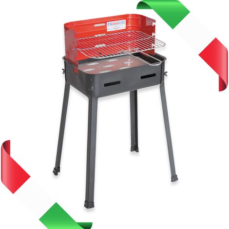 Barbacoa de carbón pequeña 35x25x65h acero pintado cromado parrilla ajustable tres posiciones pantalla patas mariposa tornillos