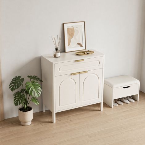 MODFU – Aparador de almacenamiento 75x36x78,5 cm de madera ingenierizada con cajón, 2 puertas, tiradores dorados, bordes redondeados, carga 45 kg y bisagras reforzadas – Blanco (1/5)