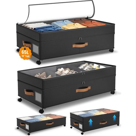 Set di 2 Contenitori Sottiletto con Ruote — Coperchio Trasparente, Doppia Cerniera e Maniglie — per Riporre Abbigliamento, Scarpe e Coperte — Nero