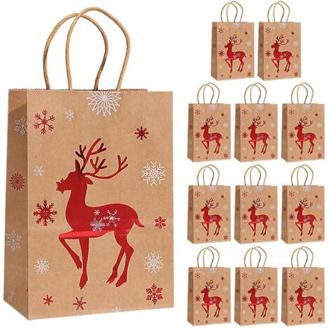 SABIR Lot de 12 sacs en papier marron de Noël Sacs cadeaux de Noël, sacs cadeaux, sacs fourre-tout – Décoration de Noël parfaite avec poignées – renne (1/5)
