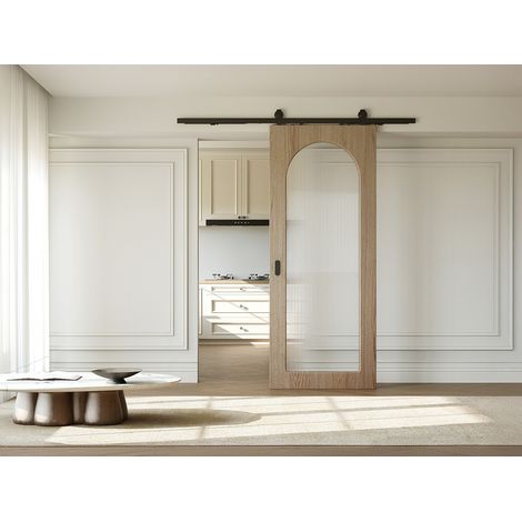 Porta scorrevole con sistema a parete in legno e MDF - arco in vetro temperato scanalato - H205 x L83 cm - ODEZA (1/2)