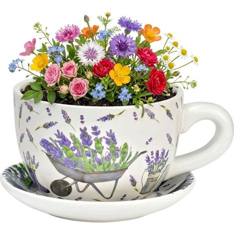 Vase ou pot de fleurs en forme de tasse Lavandes 28 x 34 cm