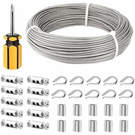 Câble inox 3mm 50m – Acier inoxydable 304 enduit PVC – Résistant à la corrosion – Manchons M3 et cosses inclus (1/5)